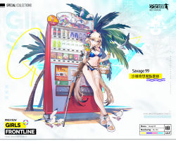 Rule 34 | 1girl, artist request, bare legs, bare shoulders, basket, beach, bikini, bird, blonde hair, blue bikini, blue eyes, blue hairband, bolt action, bracelet, breasts, character name, chinese text, cleavage, closed mouth, copyright name, cup, earrings, english text, full body, girls&#039; frontline, gun, hair ornament, hairband, hammerless, hammerless rifle, highres, holding, holding basket, holding cup, holding snack, jewelry, leaning back, legs, lever-action rifle, lever action, light smile, long hair, looking at viewer, low twintails, medium breasts, multicolored hair, nail polish, navel, official alternate costume, official art, palm tree, parted lips, promotional art, rifle, sand, savage 99 (girls&#039; frontline), savage 99 (savage&#039;s fry craving) (girls&#039; frontline), savage model 99, seagull, simple background, slippers, snack, sniper rifle, solo, standing, star (symbol), star earrings, star hair ornament, streaked hair, swimsuit, toe ring, toenail polish, toenails, tree, twintails, vending machine, weapon, white footwear, yellow nails