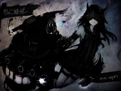 Rule 34 | 10s, 1girl, abstract background, abyssal ship, assi, black hair, boots, character name, dark, dress, faux traditional media, female focus, gauntlets, glowing gun barrel, gradient background, horns, kantai collection, light cruiser princess, long hair, mask, monochrome, sketch, solo, spot color, teeth, texture, turret, twitter username
