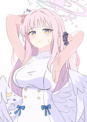 1girl 3: absurdres angel_wings armpits arms_behind_head bare_shoulders blue_archive blue_bow blunt_bangs blush bow breasts bright_pupils closed_mouth commentary dress dress_bow eyelashes flower frown hair_bun hair_flower hair_intakes hair_ornament halo highres large_breasts long_hair looking_at_viewer low_wings mika_(blue_archive) noaru pink_hair pink_halo presenting_armpit purple_flower scrunchie sidelocks simple_background single_side_bun sleeveless sleeveless_dress solo straight_hair sweat upper_body very_long_hair white_background white_dress white_wings wings wrist_scrunchie yellow_eyes