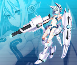 Rule 34 | 1girl, animal ears, armor, blue eyes, breasts, energy gun, fake animal ears, fox ears, full body, glowing, glowing weapon, hair ornament, joints, laser rifle, mecha musume, navel, original, revealing clothes, riv (rivleaf), robot joints, shield, short hair, silver hair, solo, weapon, zoom layer