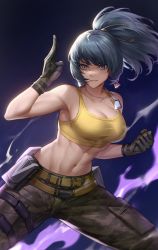 Rule 34 | 1girl, absurdres, belt, black gloves, blue eyes, blue hair, breasts, camouflage, camouflage pants, cleavage, clenched hand, crop top, dog tags, earrings, fighting stance, gloves, highres, hua-j, jewelry, large breasts, leona heidern, midriff, navel, pants, pocket, ponytail, pouch, purple background, sleeveless, snk, solo, sports bra, stomach, the king of fighters, the king of fighters xv, toned, triangle earrings