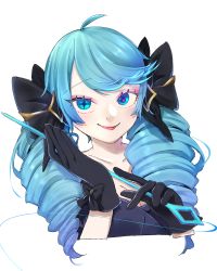 Rule 34 | 1girl, ahoge, black bow, black gloves, blue eyes, blue hair, bow, collarbone, cropped torso, drill hair, gloves, gwen (league of legends), hair bow, hands up, holding, league of legends, long hair, o min po, smile, solo, star-shaped pupils, star (symbol), swept bangs, symbol-shaped pupils, twin drills