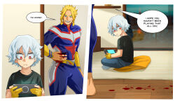 Rule 34 | 2boys, :d, aged down, all might, barefoot, blood, blue bodysuit, blue eyes, bodysuit, boku no hero academia, gloves, grey bodysuit, grey hair, handheld game console, highres, indoors, injury, looking at another, looking to the side, male focus, multicolored bodysuit, multicolored clothes, multiple boys, open mouth, parted bangs, playstation vita, red bodysuit, red eyes, shigaraki tomura, short hair, sitting, smile, superhero costume, teeth, trevo (trevoshere), wooden floor, yagi toshinori, yellow bodysuit, yellow gloves