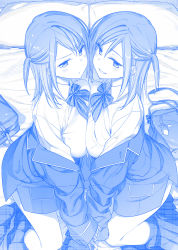 Rule 34 | 2girls, absurdres, bag, bed, blazer, blue theme, bow, bowtie, breast press, breasts, clothes pull, collared shirt, cropped, frown, grin, highres, himura kiseki, jacket, kneeling, large breasts, long hair, monochrome, multiple girls, off shoulder, on bed, open clothes, open jacket, original, pillow, plaid, plaid bow, plaid bowtie, plaid neckwear, scan, school bag, school uniform, shirt, siblings, side ponytail, sisters, skirt, skirt pull, smile, swept bangs, symmetrical docking, tsurime, twins