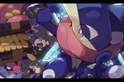 Rule 34 | accelgor, arms up, black eyes, blurry, bright pupils, closed mouth, clothed pokemon, coin, commentary request, creatures (company), closed eyes, fangs, game freak, gen 1 pokemon, gen 5 pokemon, gen 6 pokemon, genzou (me genzo), greninja, hakama, hakama pants, headband, holding, japanese clothes, lantern, leg up, letterboxed, meowth, nintendo, open mouth, pants, patrat, pokemon, pokemon (creature), rattata, red eyes, tongue, white pupils