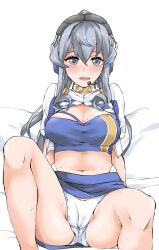 Rule 34 | 1girl, bandeau, blue bandeau, blue eyes, blue hair, blue skirt, breasts, cameltoe, cropped jacket, elf (stroll in the woods), gotland (kancolle), hair between eyes, headset, highres, kantai collection, large breasts, long hair, looking at viewer, midriff, miniskirt, mole, mole under eye, navel, official alternate costume, panties, ponytail, race queen, skirt, solo, sweat, textless version, underwear, white panties
