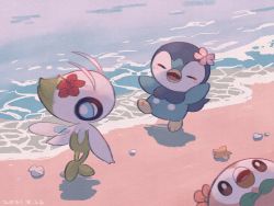 Rule 34 | blue eyes, blush, celebi, commentary request, creatures (company), closed eyes, flower, game freak, gen 2 pokemon, gen 4 pokemon, gen 7 pokemon, highres, leels, legendary pokemon, mythical pokemon, nintendo, no humans, open mouth, pink flower, piplup, pokemon, pokemon (creature), rowlet, sand, shore, tongue, water