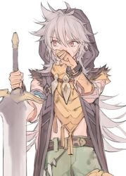 Rule 34 | 1boy, bad id, bad twitter id, bandaged arm, bandages, blood, blood on face, dirty, dirty clothes, facial scar, genshin impact, gloves, greatsword, green pants, grey hair, hair between eyes, holding, holding sword, holding weapon, hood, hood up, long hair, male focus, orange gloves, pants, partially fingerless gloves, razor (genshin impact), razor is cute, red eyes, scar, scar on arm, scar on cheek, scar on face, simple background, solo, sword, tassel, very long hair, weapon, white background