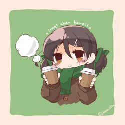Rule 34 | 1girl, alternate costume, bloom2425, blush, brown coat, brown eyes, closed mouth, coat, cup, disposable cup, green background, hair between eyes, hair ornament, hair ribbon, hairclip, highres, holding, inagi (kancolle), jacket, kantai collection, long hair, long sleeves, ribbon, romaji text, scarf, short hair, simple background, smile, solo, steam, twintails, two-tone background, upper body
