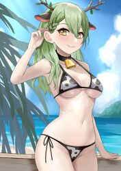 Rule 34 | 1girl, animal ears, animal print, antlers, bell, bikini, black choker, blue sky, branch, breasts, ceres fauna, choker, closed mouth, cloud, commentary, cow ears, cow print, cow print bikini, cowbell, day, deer horns, earrings, english commentary, green hair, hand up, highres, hololive, hololive english, horns, jewelry, large breasts, leaf, mole, mole under eye, neck bell, numaduke, ocean, print bikini, sky, smile, solo, stud earrings, swimsuit, virtual youtuber, yellow eyes