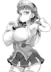 Rule 34 | 10s, 1girl, asanagi, bare shoulders, blush, breasts, capelet, corset, covered erect nipples, cowboy shot, detached sleeves, eyewear strap, garter straps, glasses, greyscale, highres, kantai collection, large breasts, long sleeves, maid headdress, miniskirt, monochrome, pince-nez, roma (kancolle), short hair, simple background, skirt, solo, thigh gap, thighhighs, translated, undressing, white background