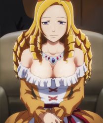 Rule 34 | 1girl, bare shoulders, blonde hair, blue eyes, breasts, cleavage, detached sleeves, dress, drill hair, frills, highres, jewelry, large breasts, long hair, long sleeves, looking at viewer, necklace, overlord (maruyama), ribbon, smile, solo, solution epsilon