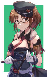Rule 34 | 1girl, absurdres, akizuki ritsuko, belt, black hat, blunt bangs, blush, border, breasts, brown eyes, brown hair, buckle, closed mouth, dress, fur collar, glasses, green background, hat, heart, heart-shaped buckle, highres, holding, holding whip, idolmaster, idolmaster (classic), looking at viewer, necktie, outside border, red necktie, short hair, shuucream (syuichi), simple background, smile, solo, upper body, whip, white belt, white border