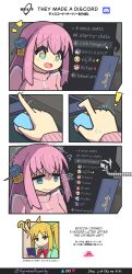 Rule 34 | 2girls, 5koma, :d, :|, ?, ^^^, absurdres, blonde hair, blue eyes, bocchi the rock!, bow, bowtie, brown eyes, cellphone, closed mouth, comic, commentary, cube hair ornament, cursor, discord, english commentary, gotoh hitori, gotoh hitori (octopus), hair ornament, highres, holding, holding phone, ijichi nijika, jacket, jitome, long hair, mixed-language commentary, mixed-language text, mouse (computer), multilingual, multiple girls, one side up, open mouth, phone, pink hair, pink jacket, red bow, red ribbon, ribbon, school uniform, side ponytail, sidelocks, smartphone, smile, speech bubble, synapseproperty, track jacket