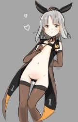 Rule 34 | 1girl, arm behind back, brave witches, c-string, cross, detached collar, edytha rossmann, elbow gloves, female focus, flat chest, gloves, grey background, grey hair, groin, heart, highres, iron cross, looking at viewer, medium hair, navel, okeke power nishiko, parted bangs, rabbit ears, rabbit tail, simple background, solo, strapless bottom, tailcoat, thighhighs, world witches series