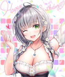Rule 34 | 1girl, ;d, absurdres, alternate costume, antenna hair, arm up, armpits, bare shoulders, braid, breasts, cleavage, confetti, detached sleeves, dress, english text, flower, green eyes, hair flower, hair ornament, happy birthday, heart, highres, hololive, jewelry, large breasts, looking at viewer, medium hair, mirukurim, motion blur, multicolored background, necklace, one eye closed, open mouth, puffy short sleeves, puffy sleeves, shirogane noel, shirogane noel (dirndl), short hair, short sleeves, silver hair, smile, solo, twin braids, upper body, virtual youtuber
