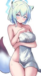 Rule 34 | 1girl, animal ear fluff, animal ears, blue archive, blue halo, blush, breasts, closed mouth, green hair, halo, highres, looking at viewer, medium breasts, metsu end, nude, shigure (blue archive), short hair, simple background, smile, solo, thighs, towel, wet, white background