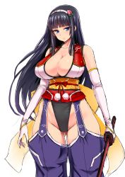 Rule 34 | 1girl, bare shoulders, black hair, blue eyes, blush, breasts, cleavage, elbow gloves, female focus, food, fruit, gloves, groin, hair ornament, hairband, hairclip, highleg, ishimiso (ishimura), large breasts, long hair, looking at viewer, original, peach, solo, sword, thighs, weapon, wide hips