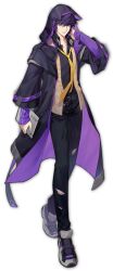 Rule 34 | 1boy, artist request, black pants, cloak, full body, headphones, headphones around neck, highres, holding, holding tablet pc, hood, hood up, hooded cloak, ling (mahjong soul), long sleeves, looking at viewer, mahjong soul, male focus, necktie, official art, pants, purple hair, simple background, solo, standing, tablet pc, tachi-e, torn clothes, transparent background, vest, yellow necktie, yellow vest