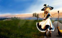 Rule 34 | 1girl, black hat, blonde hair, braid, broom, female focus, fifiruu, hat, highres, kirisame marisa, nature, outdoors, ribbon, scenery, sky, solo, the iron of yin and yang, touhou, witch, witch hat