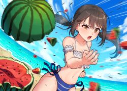 Rule 34 | 1girl, beach, bikini, black hair, blue bikini, blue sky, breasts, cleavage, clenched hand, cloud, collarbone, commentary, day, food, frown, fruit, half-closed eye, highres, idolmaster, idolmaster cinderella girls, kamille (vcx68), karate, long hair, looking ahead, looking at viewer, medium breasts, nakano yuka, navel, ocean, open mouth, outdoors, revision, sand, sidelocks, sky, solo, standing, stomach, suikawari, swimsuit, thighs, toned, twintails, watermelon, watermelon slice, white bikini, yellow eyes