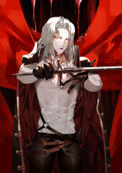 Rule 34 | 1boy, abs, alucard (castlevania), artist name, belt, black cape, blood, bloody tears, brown gloves, cape, castlevania (netflix), castlevania (series), chain, covered abs, covered navel, crying, crying with eyes open, dhampir, eyelashes, fang, gloves, half-human, holding, holding sword, holding weapon, long eyelashes, long hair, looking at viewer, male focus, multicolored cape, multicolored clothes, o-ring, parted lips, red cape, scabbard, sheath, shei99, solo, sword, tears, toned, toned male, two-tone cape, undead, unsheathed, vampire, watermark, weapon, white hair, yellow eyes