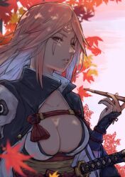 Rule 34 | baiken, big hair, black jacket, black kimono, breasts, facial tattoo, guilty gear, guilty gear strive, highres, holding, holding smoking pipe, jacket, jacket on shoulders, japanese clothes, kimono, large breasts, levvellevvel, long hair, long sleeves, looking at viewer, multicolored clothes, multicolored kimono, one-eyed, open clothes, open kimono, pink hair, red eyes, scar, scar across eye, smoking pipe, tattoo, white kimono