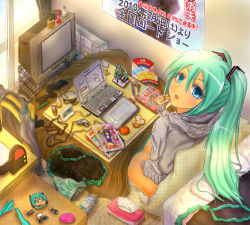Rule 34 | 1girl, aqua eyes, aqua hair, bad id, bad pixiv id, book, bottomless, computer, female masturbation, figure, from above, hatsune miku, highres, keyboard (computer), kotatsu, laptop, long hair, looking up, masturbation, messy room, omimushi, panties, solo, striped clothes, striped panties, table, television, tissue, twintails, underwear, vocaloid
