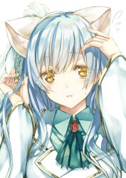 Rule 34 | 1girl, absurdres, animal ears, arm up, ascot, blue hair, blush, cat ears, character request, collared shirt, flying sweatdrops, green shirt, hand up, highres, light smile, long hair, looking at viewer, parted lips, saijou haruki, shirt, sidelocks, simple background, smile, solo, uniform, white background, yellow eyes