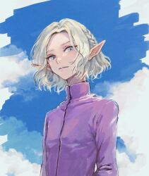 1boy blue_sky cloud dungeon_meshi elf grey_eyes grey_hair half_up_braid high_collar long_sleeves looking_at_viewer male_focus medium_hair mithrun mithrun_(young) parted_lips pointy_ears purin_ga_umai shirt sky smile solo upper_body wavy_hair