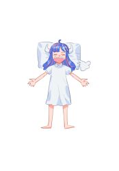 Rule 34 | 1girl, aged down, ahoge, blue hair, closed eyes, covered mouth, curled horns, dinosaur girl, horns, long hair, lying, mask, mouth mask, multicolored hair, on back, one piece, pillow, pink hair, pink mask, raine (acke2445), simple background, sleeping, solo, streaked hair, ulti (one piece), white background