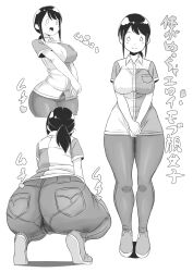 Rule 34 | 1girl, absurdres, artist request, ass, back, black hair, blush, breasts, clerk, collared shirt, convenience store, denim, dress shirt, employee uniform, female focus, greyscale, highres, huge ass, japanese text, jeans, large breasts, legs, mob face, monochrome, multiple views, nipples, no bra, no panties, open mouth, pants, ponytail, shirt, shoes, shop, simple background, smile, solid circle eyes, solid oval eyes, solo, solo focus, squatting, standing, store clerk, tagme, thick thighs, thighs, translation request, uniform, white background, white eyes