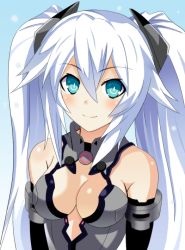 Rule 34 | 10s, 1girl, bad id, bad pixiv id, bare shoulders, black heart (neptunia), blue eyes, blush, breasts, cleavage, cleavage cutout, clothing cutout, female focus, hair ornament, kami jigen game neptune v, long hair, neptune (series), noire (neptunia), sd (sdgu), smile, solo, symbol-shaped pupils, twintails, upper body, very long hair, white hair