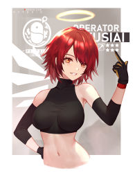 Rule 34 | 1girl, alternate costume, arknights, artist name, aztodio, bare shoulders, black gloves, black shirt, blush, breasts, brown eyes, character name, commentary, covered collarbone, crop top, cropped torso, detached sleeves, english commentary, exusiai (arknights), gloves, grey background, grin, halo, hand up, highres, index finger raised, large breasts, looking at viewer, midriff, navel, red hair, shirt, short hair, sleeveless, sleeveless shirt, smile, solo, star (symbol), stomach, upper body