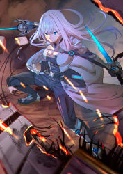 Rule 34 | 1girl, armor, blue eyes, breast tattoo, breasts, cleavage, cleavage cutout, closed mouth, clothing cutout, coat, commentary, dual wielding, ethel (xenoblade), grey hair, highres, holding, large breasts, long hair, looking at viewer, murazo (0606), shoulder armor, solo, sword, tattoo, very long hair, weapon, xenoblade chronicles (series), xenoblade chronicles 3