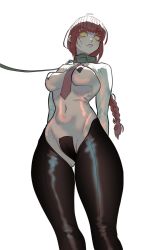 Rule 34 | between breasts, braid, braided ponytail, breasts, c-string, chainsaw man, chlorine, collar, from below, gluteal fold, highres, leash, long hair, maebari, makima (chainsaw man), medium breasts, meme attire, navel, necktie, necktie between breasts, pasties, ponytail, red hair, red necktie, reverse bunnysuit, reverse outfit, simple background, strapless bottom, white background, yellow eyes