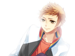 Rule 34 | 1boy, closed mouth, game cg, haruki naoshi, jacket, male focus, open clothes, open jacket, shirt, simple background, smile, solo, starry sky (game), t-shirt, upper body, white background
