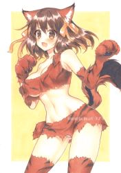 Rule 34 | 1girl, :d, animal ears, animal hands, artist name, bare shoulders, blush, breasts, brown eyes, brown hair, cat ears, cat tail, cleavage, collarbone, commentary request, contrapposto, cowboy shot, crop top, crop top overhang, fang, gloves, hair ribbon, looking at viewer, marker (medium), medium breasts, medium hair, miniskirt, mugicha (mugicha0929), navel, open mouth, orange ribbon, panties, pantyshot, paw gloves, red gloves, red skirt, red thighhighs, ribbon, single strap, skin fang, skirt, smile, solo, standing, stomach, suzumiya haruhi, suzumiya haruhi no yuuutsu, tail, tareme, thighhighs, traditional media, underboob, underwear, upskirt, v-shaped eyebrows, white panties, yellow background