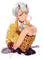 Rule 34 | 1girl, brown theme, bubuzuke, choker, club (weapon), commentary request, condom, condom in mouth, contemporary, dark skin, dark-skinned female, earrings, hands on own knees, horns, jewelry, kanabou, leg warmers, looking at viewer, monster girl, mouth hold, oni, original, school uniform, setsubun, short eyebrows, short hair, sitting, solo, squatting, tan, weapon, white hair, wristband