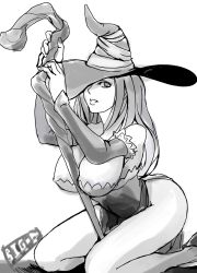 Rule 34 | big-d, breasts, cleavage, dragon&#039;s crown, hat, highres, large breasts, monochrome, sorceress (dragon&#039;s crown), staff, vanillaware, weapon