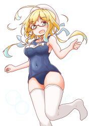 Rule 34 | 1girl, aaoi, ahoge, blonde hair, blue eyes, blush, breasts, glasses, hair ribbon, hat, highres, i-8 (kancolle), kantai collection, long hair, looking at viewer, low twintails, medium breasts, name tag, one-piece swimsuit, open mouth, peaked cap, red-framed eyewear, ribbon, sailor hat, school swimsuit, semi-rimless eyewear, solo, swimsuit, thighhighs, tri tails, twintails, under-rim eyewear, white background