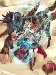 Rule 34 | 1boy, 1girl, animal ears, armor, bag, boots, bow, breasts, brown hair, cleavage, corset, cross-laced footwear, green eyes, horns, horse, juju (mayamaya), magic circle, nail polish, outstretched arm, pauldrons, pegasus, pentagram, pixiv fantasia, pixiv fantasia 5, pleated skirt, pointy ears, shoulder armor, single horn, skirt, thighhighs, wings, wrist cuffs, zettai ryouiki