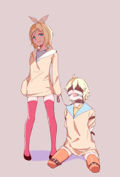 Rule 34 | 1boy, 1girl, arms behind back, artist request, ball gag, bdsm, belt, blindfold, blonde hair, blue eyes, bondage, bound, brother and sister, collar, femdom, gag, highres, incest, kagamine len, kagamine rin, kneeling, leash, looking at viewer, saliva, short hair, siblings, simple background, slave, smile, standing, thighhighs, vocaloid