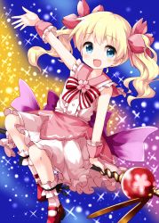 Rule 34 | 1girl, alice cartelet, alternate costume, blonde hair, bow, flower, frills, hair ribbon, highres, kin-iro mosaic, looking at viewer, medium hair, multicolored background, multicolored bow, open mouth, petticoat, pink flower, pink ribbon, red bow, red footwear, ribbon, ruu (tksymkw), sitting, sleeveless, smile, solo, star (sky), twintails, white bow, white legwear, wrist cuffs