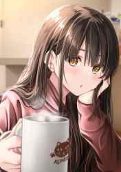 Rule 34 | 1girl, absurdres, blush, brown hair, cup, highres, holding, holding cup, hood, hoodie, indirect kiss, long hair, long sleeves, looking at viewer, loungewear, open mouth, original, rurihara zurachii, solo, sweater, yellow eyes