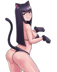 Rule 34 | 1girl, animal ear fluff, animal ears, arched back, ass, back, bikini, black bikini, black hair, blue eyes, blunt bangs, breasts, cat ears, cat tail, commentary, donburi (donburikazoku), from side, half-closed eyes, kemonomimi mode, kill la kill, kiryuuin satsuki, large breasts, long hair, looking at viewer, sideboob, simple background, smile, solo, strapless, strapless bikini, swimsuit, tail, thick eyebrows, thighs, thong bikini, white background