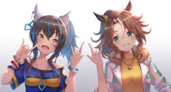 Rule 34 | 2girls, :d, animal ears, bead bracelet, beads, blue hair, bracelet, brown hair, commentary request, daitaku helios (umamusume), ear covers, fang, green eyes, grin, hand up, hands up, harpe, highres, horse ears, horse girl, jacket, jewelry, long hair, looking at another, m/, mejiro palmer (umamusume), multicolored hair, multiple girls, necklace, open mouth, ponytail, shirt, short sleeves, skin fang, smile, streaked hair, striped clothes, striped shirt, umamusume, upper body, white hair, white jacket, wristband, yellow eyes, yellow shirt, yu ni t