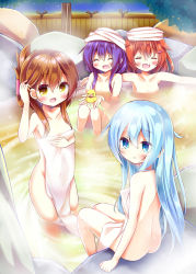 Rule 34 | 10s, 4girls, :d, = =, ^ ^, akatsuki (kancolle), aqua eyes, aqua hair, ass, blush, breasts, brown eyes, brown hair, butt crack, closed eyes, collarbone, commentary request, convenient censoring, covering privates, esureki, fang, folded ponytail, groin, hair ornament, hairclip, hibiki (kancolle), highres, ikazuchi (kancolle), in water, inazuma (kancolle), kantai collection, long hair, multiple girls, naked towel, nude, nude cover, onsen, open mouth, parted lips, partially submerged, purple hair, rubber duck, short hair, sitting, sky, small breasts, smile, star (sky), starry sky, stone, towel, towel on head, wooden wall