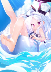 Rule 34 | 1girl, absurdres, barefoot, blue archive, blue one-piece swimsuit, chinese commentary, closed mouth, commentary request, demon girl, demon horns, feet, foot focus, foot out of frame, foreshortening, halo, highres, hina (blue archive), hina (swimsuit) (blue archive), horns, knee up, leg up, long hair, name tag, official alternate costume, one-piece swimsuit, peanut huasheng, purple eyes, purple halo, school swimsuit, soles, solo, swimsuit, toes, white hair