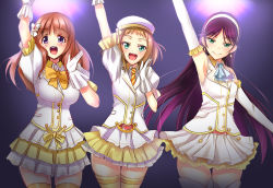 Rule 34 | 10s, 3girls, :d, a-rise, arm up, armpits, bare shoulders, blush, breasts, brown hair, dress, earrings, elbow gloves, gloves, green eyes, hairband, hat, idol, jewelry, kira tsubasa, long hair, looking at viewer, love live!, love live! school idol project, mole, mole under eye, multiple girls, open mouth, private wars, purple eyes, purple hair, short hair, skirt, sleeveless, small breasts, smile, thighhighs, todo erena, white gloves, yu-ta, yuuki anju